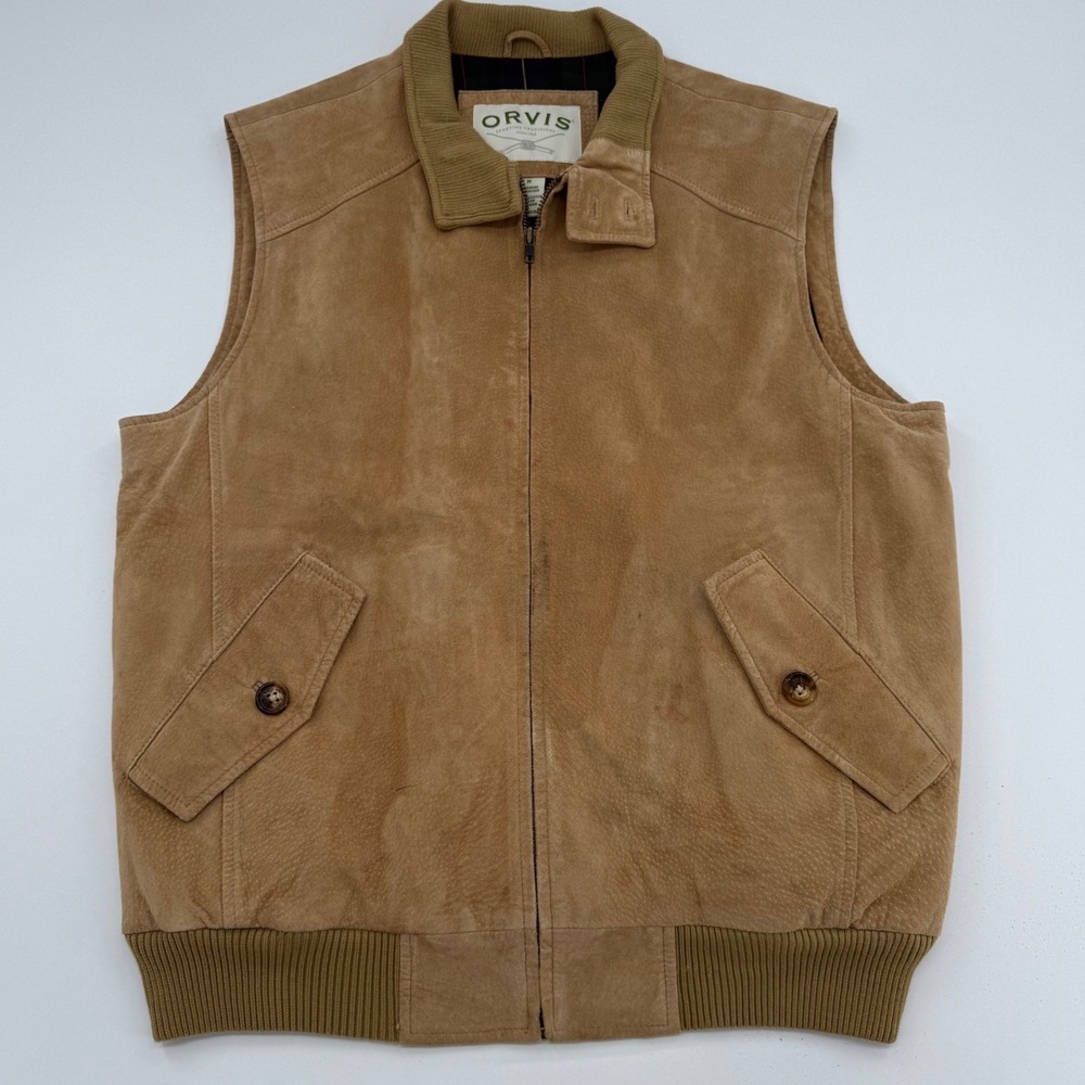 Orvis Suede Leather Vest M VTG Full Zip Corduroy Collar Plaid Lined Western Fall